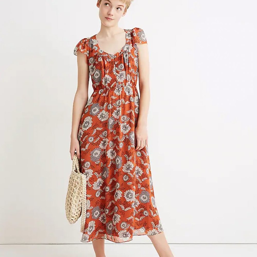 Madewell Sheer-Sleeve Button-Front Midi Dress in G